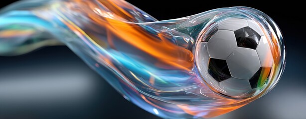 Abstract soccer ball flying with fluid glass motion trails on dark background. Concept of speed, modern football visuals, digital motion, sports energy and dynamic performance. Banner