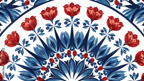 Ornamental arrangement featuring clustered red tulips and deep blue botanical accents creates a decorative design ideal for backgrounds