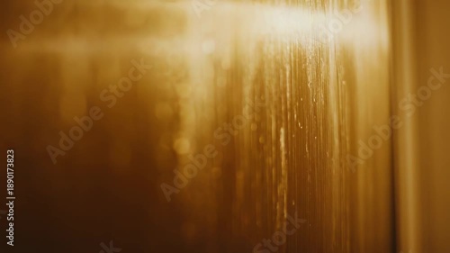 Brushed golden metal surface creating an abstract texture background, featuring tiny water droplets reflecting warm light and creating a blurred bokeh effect