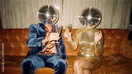 Couple with disco ball heads celebrating on a vintage sofa. Man and woman in formal attire toasting with champagne. Surreal party and nightlife concept. Festive holiday celebration