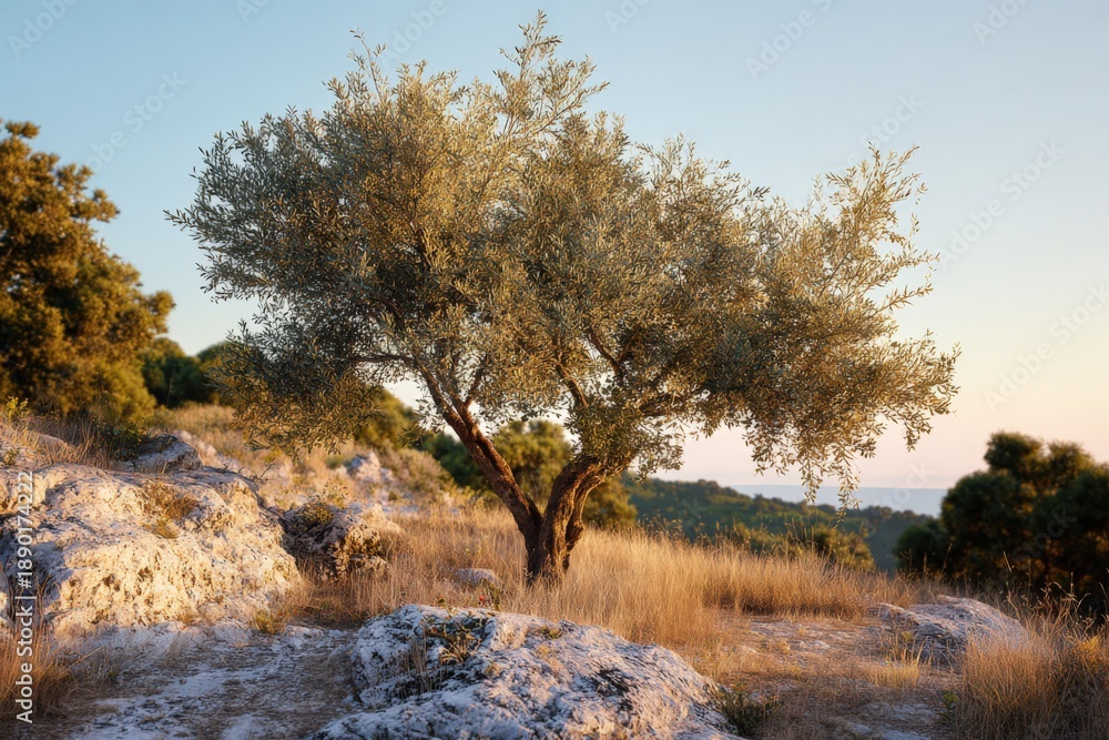 Fototapeta premium Scenic olive tree on rocky terrain at sunset