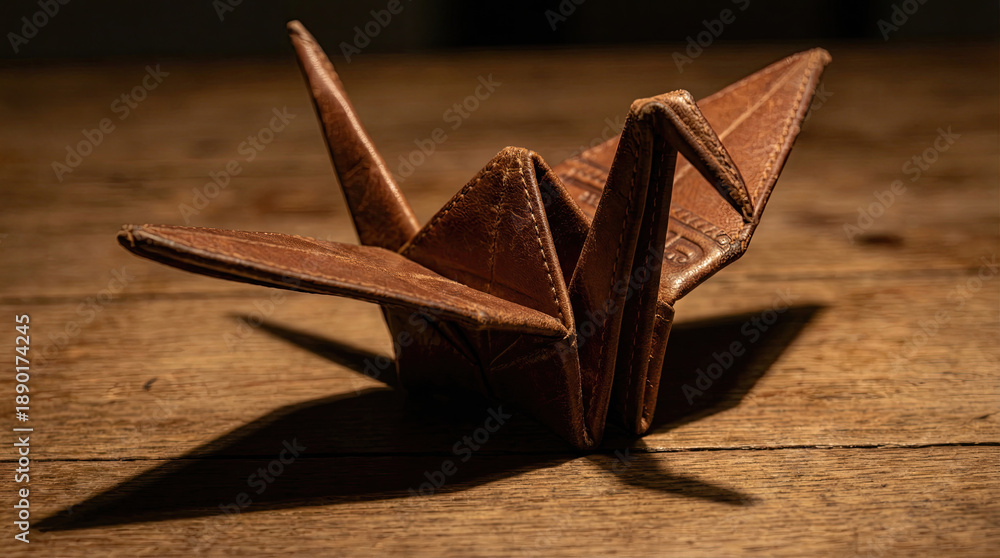 Fototapeta premium Detailed leather origami crane sculpture casting shadows on wooden surface