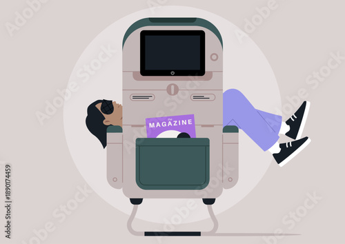 A traveler finds comfort in the cozy airplane seat, deeply asleep with a sleeping mask on, The serene atmosphere captures a moment of bliss during flight