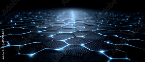 Futuristic hexagon network, glowing blue grid, carbon nanotechnology surface, abstract digital background, cyber energy pattern, dark sci fi texture, modern technology concept