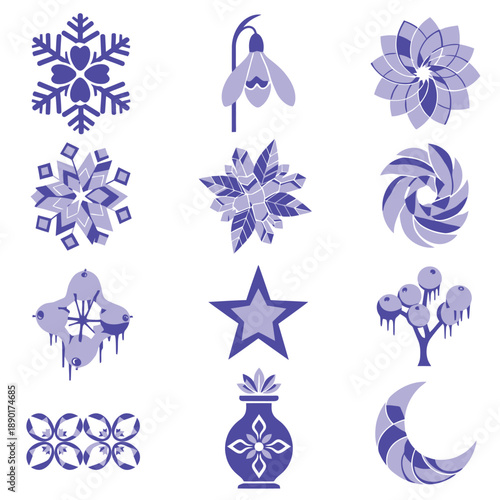 Stylized duotone flat graphic illustration showcasing nine abstract geometric icons that visually blend icy winter motifs with blooming spring floral patterns in Lavender Purple and Ice Blue colors