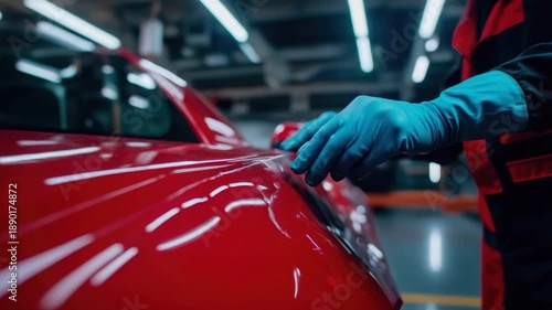 A gloved hand carefully applies film to the curved surface of a vibrant red car