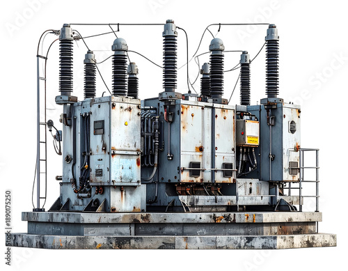 Large industrial electrical substation transformer unit, weathered, complex
