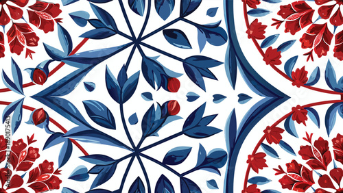 Stylized tulip clusters in mosaic like flat illustration displaying intricate floral patterns with deep red and navy blue flowers and leaves