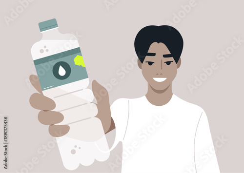 A young smiling character holds up a bottle of water, they encourage everyone to drink more water to stay hydrated and maintain optimal health during a sunny day
