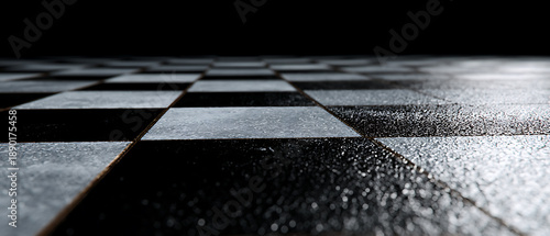 Checkerboard black white floor tile pattern background abstract texture perspective background with checkerboard black white tile floor pattern and subtle wet texture creating dramatic abstract