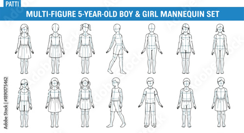 Vector outline drawing set of 5-year-old boy and girl mannequins, various poses, fashion design template, isolated on white