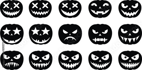 Halloween pumpkin face silhouette vector set with scary jack o lantern expressions isolated on white for 