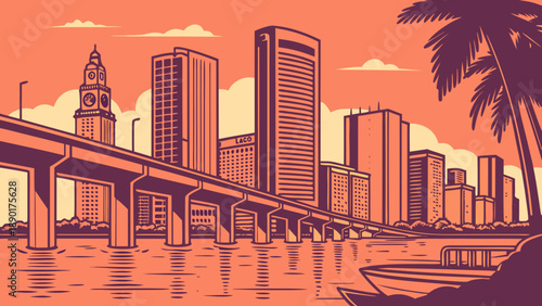 Miami skyline iconic miami florida showcases its skyline bridge and swaying palms in vibrant detail. Suitable for travel brochures and city guides.