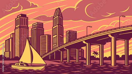 Miami skyline and sailboat scene near a bridge and palm tree suitable for travel blog, city poster, tourism website, vacation brochure.
