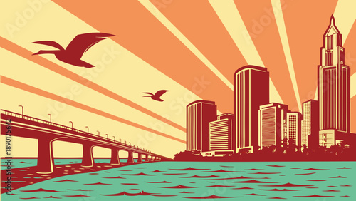 Miami skyline with bridge, water birds, and sun radiating over the city. Suitable for travel magazines, city guides, or promotional materials.