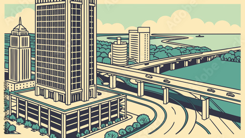 Miami skyline with tall buildings and sparkling water reflections is perfect for marketing materials and travel advertisements. Inspiring urban landscape.