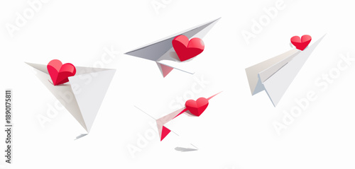 3D Paper Airplanes with Hearts Love Message Concept