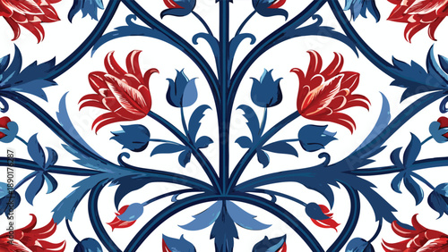 Vintage tulip arrangement stylized red flowers in blue vine pattern on white evoking elegance and nostalgia with its flat decorative floral