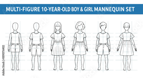 Vector multi-figure 10-year-old boy and girl mannequin set, fashion design template, isolated on white