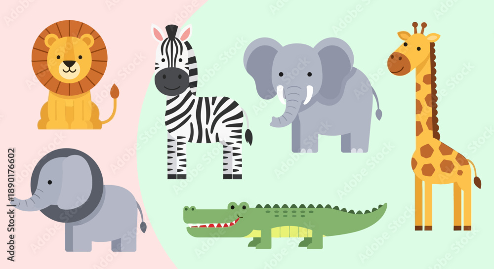 Fototapeta premium Colorful cartoon animals including lion, zebra, elephant, giraffe, and crocodile.