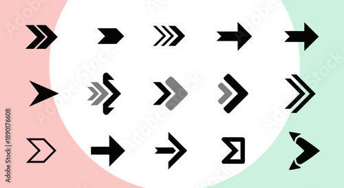 Collection of various black arrow icons on pink and green background.