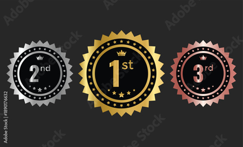 1st, 2nd, 3rd awards medal badge. Gold silver and bronze winner symbols. Success and honor signs. Top three finishers symbols. Tournament and award sign
