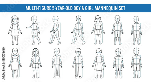Vector Line Art Children Mannequin Set for Fashion Design