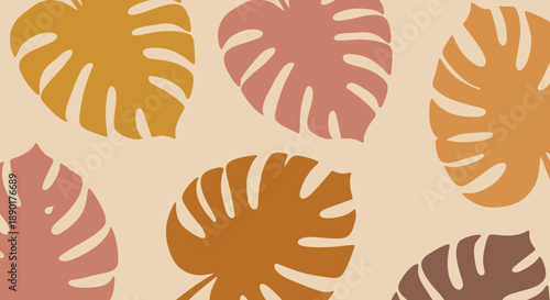Colorful monstera leaves pattern on beige background.