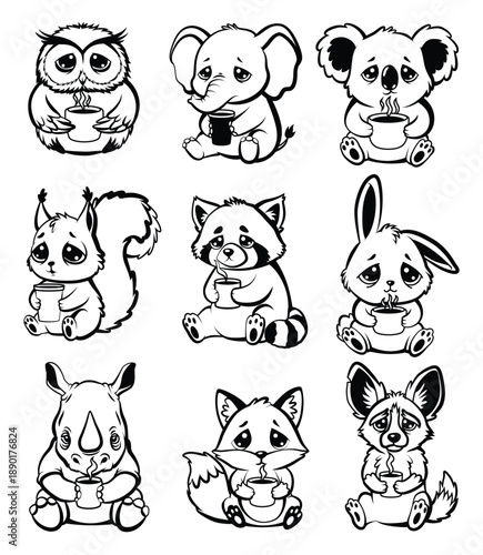 Collection of a cute sleepy animals with coffee cups