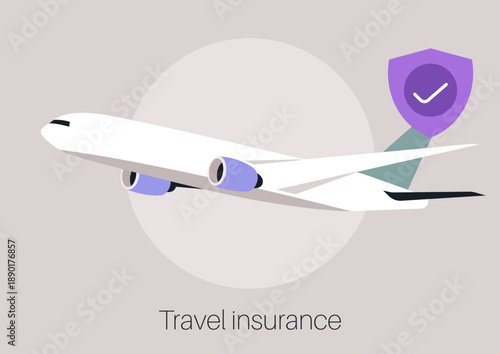 A sleek airplane takes to the skies, accompanied by a shield symbolizing travel insurance, This visual captures the essence of protection while venturing beyond borders.