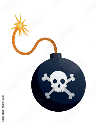 A black round bomb. Burning bomb in flat style. Cartoon bomb with burning fuse on white background. Bomb icon