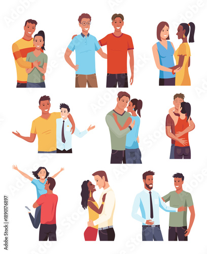 People hugging together set with isolated compositions of doodle people embracing each other on blank background vector illustration