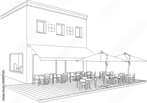 Outdoor cafe terrace, restaurant building, line art architecture, patio seating, umbrella tables, modern urban design, vector illustration, black and white, dining exteriorOutdoor cafe terrace