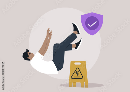 A character tumbles unexpectedly, illustrating the theme of liability insurance, A caution sign suggests potential danger, emphasizing the importance of safety
