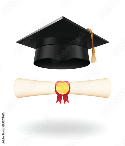 Graduation cap and rolled diploma scroll with stamp. Finish education concept. Academic hat with tassel and university degree certificate. Vector illustration for announcement banner poster or flyer