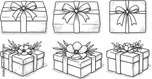 Gift boxes, hand drawn, wrapped presents, ribbon bows, sketch illustration, black and white, holiday, birthday, celebration, vector, decorative, collection, set, designGift boxes, hand drawn
