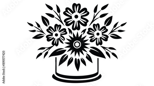 Black floral arrangement in cylindrical vase with multiple flowers and leaves on white background