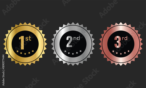 1st, 2nd, 3rd awards medal badge. Gold silver and bronze winner symbols. Success and honor signs. Top three finishers symbols. Tournament and award sign
