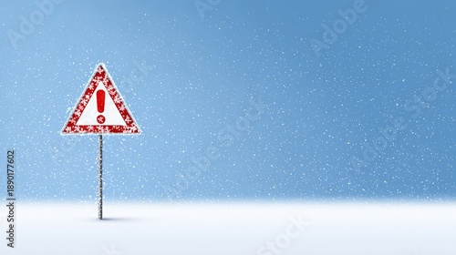 Winter weather warning road sign with exclamation mark and snowflakes, red triangle symbol on pole against blue sky, falling snow showing cold season traffic hazard and safety caution