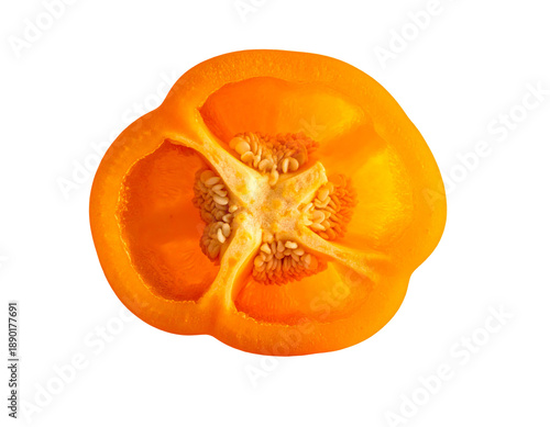 A vibrant orange bell pepper, halved to reveal seeds and inner structure