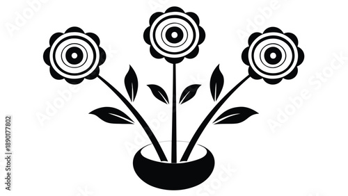 Three stylized black flowers emerging from a small round pot on white background with leaves