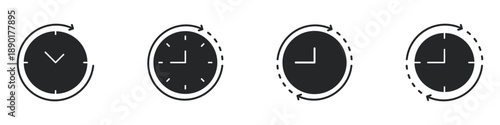 Clock With Circular Arrow Solid Icon Set. Time Management, Scheduling, And Deadline Tracking Silhouette Symbol Collection. Efficient Planning And Organization. Isolated Vector Illustration