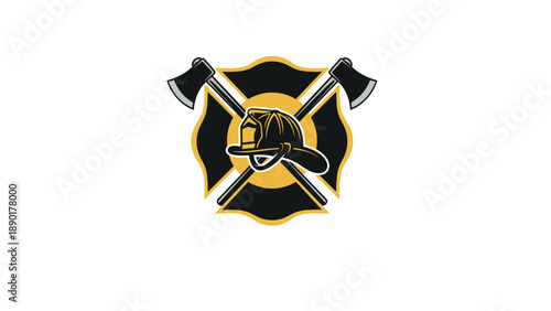Firefighter symbol featuring a traditional helmet and two crossed axes over a stylized golden maltese cross emblem.