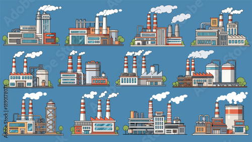 Large collection of diverse industrial factory buildings with smoking chimneys and storage tanks on a blue background.