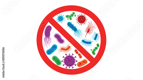 Red prohibition sign over a group of various colorful bacteria and virus microbes representing hygiene and disinfection.