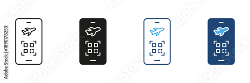 Smartphone With Airplane And Qr Code Icon Set. Mobile Boarding Pass And Digital Ticketing Outline And Silhouette Symbol Collection. Travel Technology And Convenience. Isolated Vector Illustration