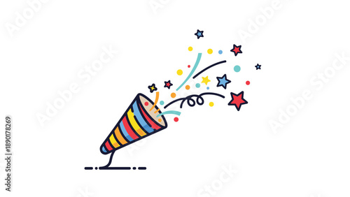 Colorful party popper bursting with festive confetti, stars, and streamers to celebrate a special occasion with joy.