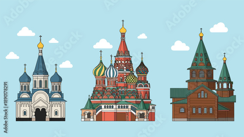 Collection of traditional Russian Orthodox churches and cathedrals featuring colorful onion domes and wooden architecture.