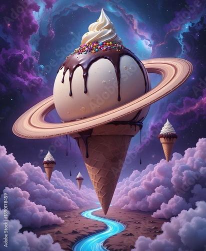 giant ice cream cone planet with rings floating in cosmic space with purple clouds