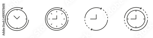 Clock With Circular Arrow Line Icon Set. Time Management, Scheduling, And Deadline Tracking Outline Symbol. Efficient Planning And Organization. Editable Stroke. Isolated Vector Illustration